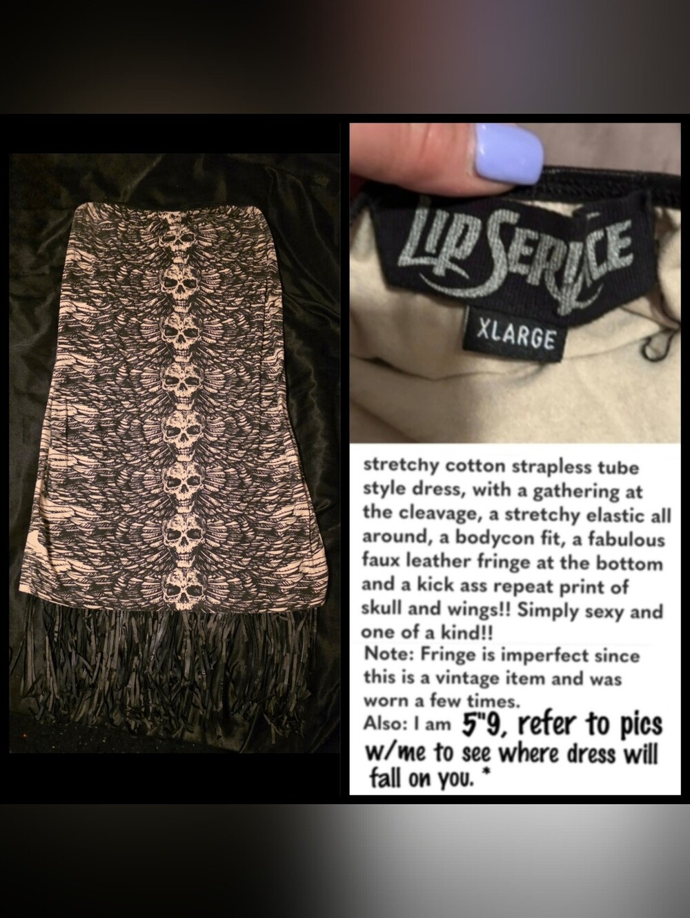 Vtg Lip Service white blk graphic skull wings tube top bodycon fringe dress XL - Picture 6 of 16